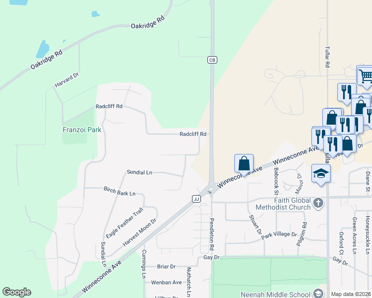 map of restaurants, bars, coffee shops, grocery stores, and more near 744 Milkweed Court in Neenah