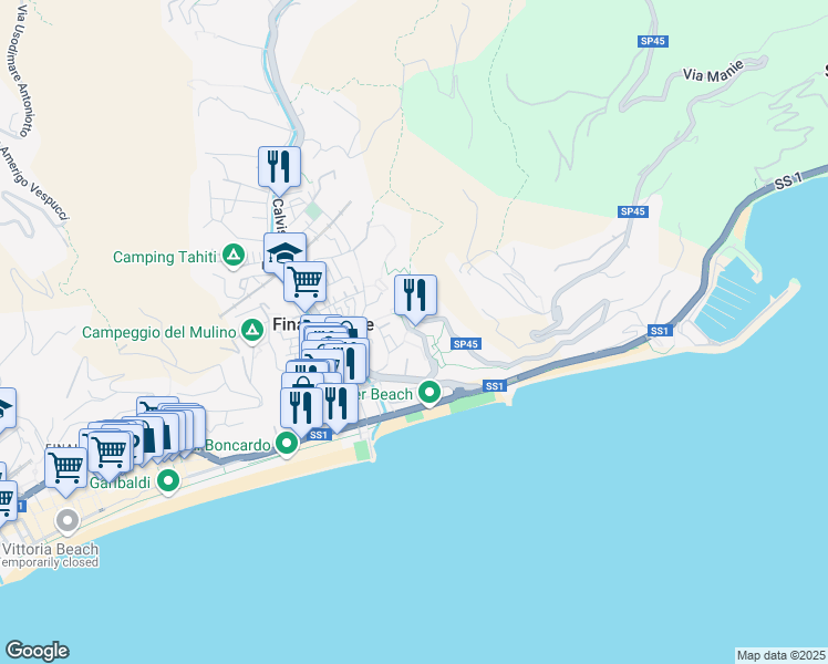map of restaurants, bars, coffee shops, grocery stores, and more near 7 Strada Panoramica Manie in Finale Ligure