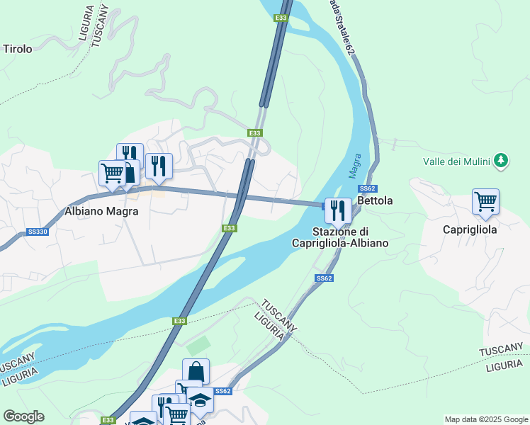 map of restaurants, bars, coffee shops, grocery stores, and more near 25 Via della Repubblica in Albiano Magra
