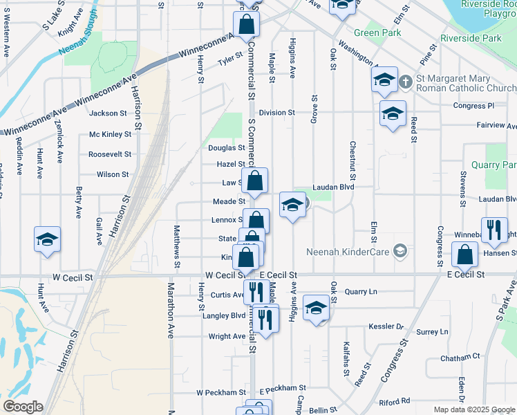 map of restaurants, bars, coffee shops, grocery stores, and more near 833 Maple Street in Neenah