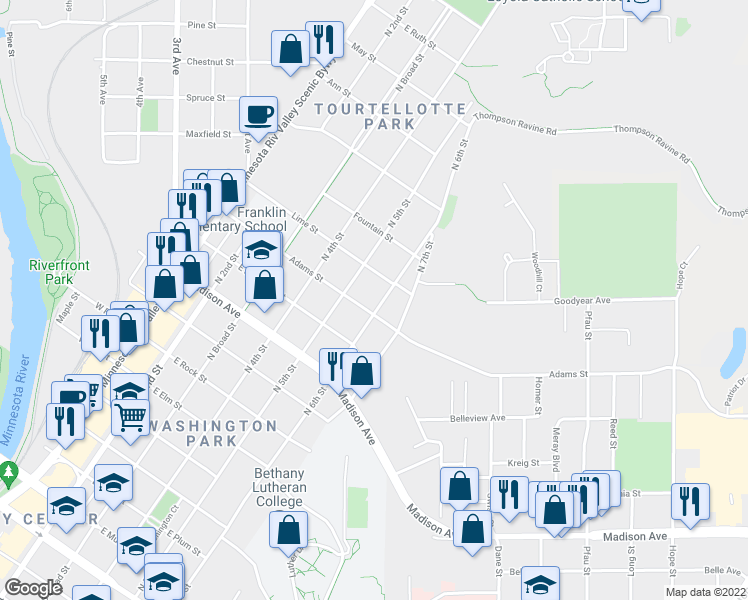 map of restaurants, bars, coffee shops, grocery stores, and more near 1108 North 6th Street in Mankato