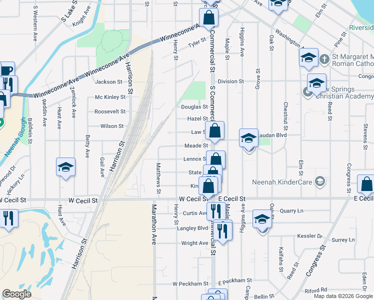 map of restaurants, bars, coffee shops, grocery stores, and more near 126 Lennox Street in Neenah