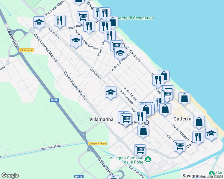 map of restaurants, bars, coffee shops, grocery stores, and more near 27 Via Leone in Cesenatico