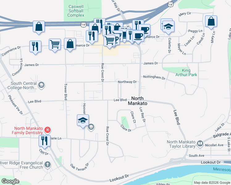 map of restaurants, bars, coffee shops, grocery stores, and more near 1621 Colony Court in North Mankato