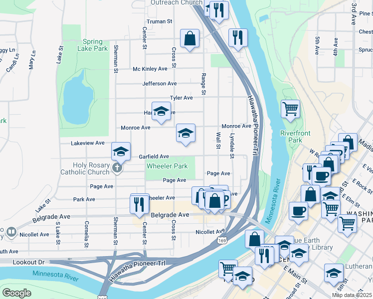 map of restaurants, bars, coffee shops, grocery stores, and more near 320 Garfield Avenue in North Mankato
