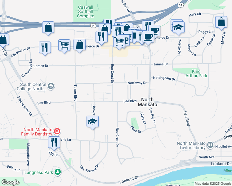 map of restaurants, bars, coffee shops, grocery stores, and more near 1760 Lee Boulevard in North Mankato