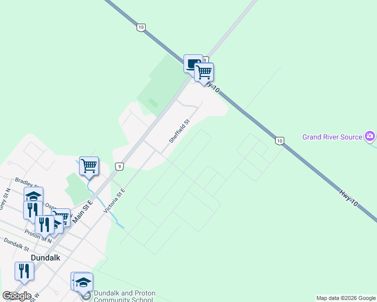map of restaurants, bars, coffee shops, grocery stores, and more near 210 Ridley Crescent in Grey County