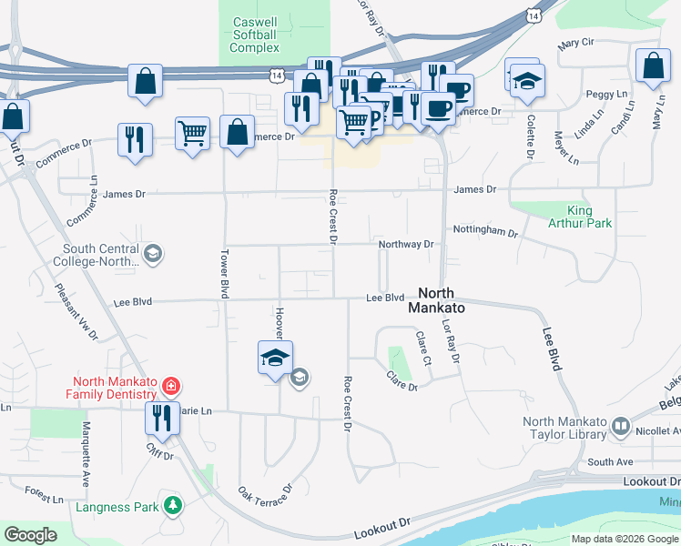 map of restaurants, bars, coffee shops, grocery stores, and more near 1604 Roe Crest Drive in North Mankato