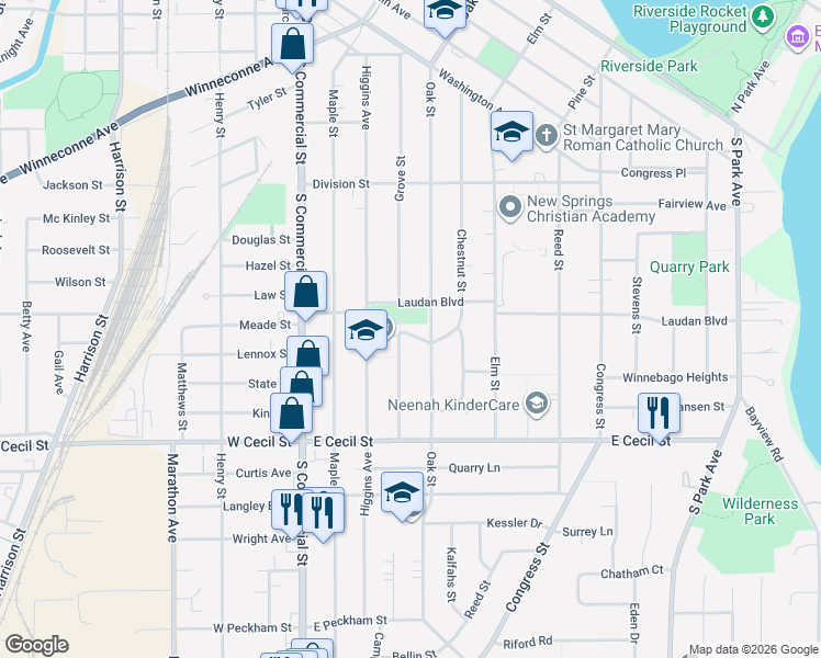 map of restaurants, bars, coffee shops, grocery stores, and more near 934 Grove Street in Neenah