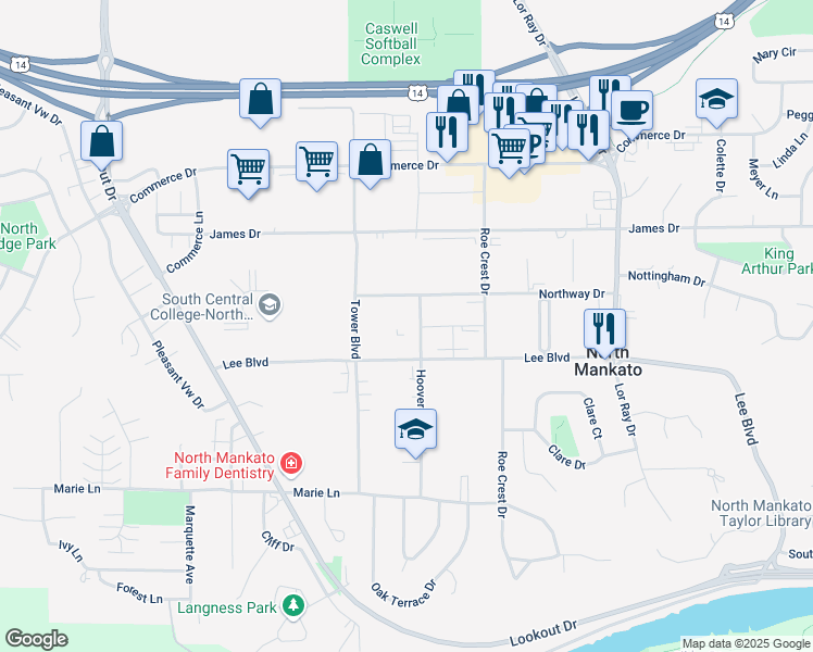 map of restaurants, bars, coffee shops, grocery stores, and more near 1885 Northway Drive in Mankato