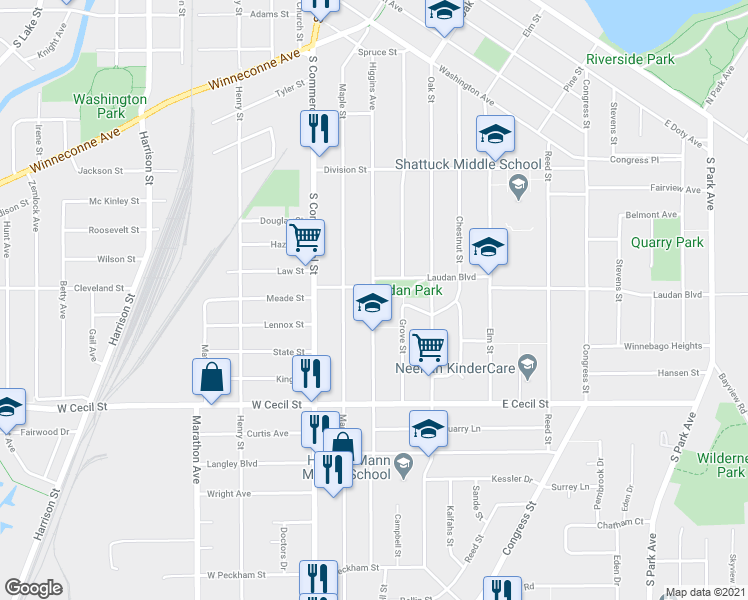 map of restaurants, bars, coffee shops, grocery stores, and more near 944 Higgins Avenue in Neenah