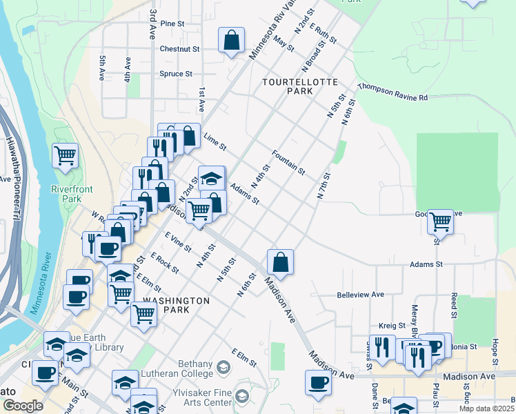 map of restaurants, bars, coffee shops, grocery stores, and more near 1110 North 5th Street in Mankato