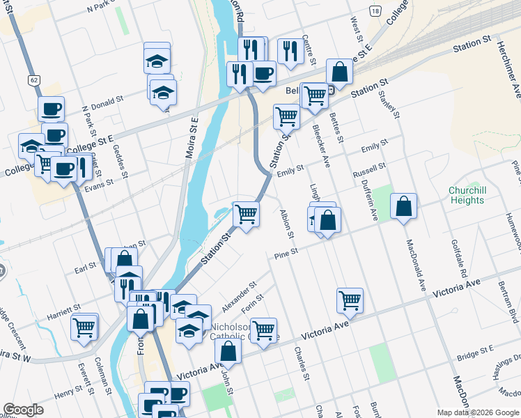 map of restaurants, bars, coffee shops, grocery stores, and more near 135 Station Street in Belleville