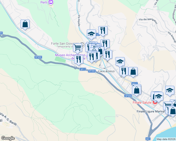 map of restaurants, bars, coffee shops, grocery stores, and more near 17 SP490 in Finale Ligure