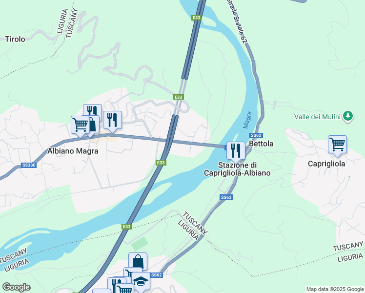 map of restaurants, bars, coffee shops, grocery stores, and more near 25 Via della Repubblica in Albiano Magra