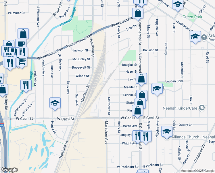 map of restaurants, bars, coffee shops, grocery stores, and more near 1298 Harrison Street in Neenah