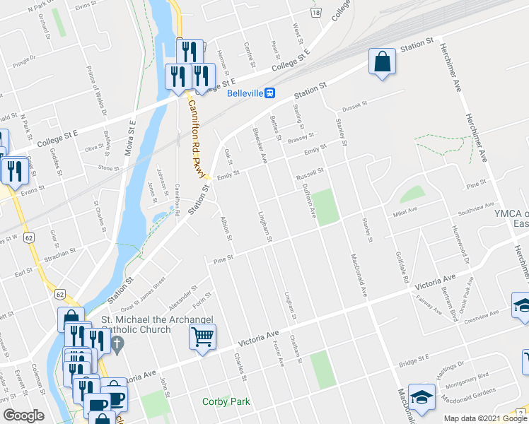 map of restaurants, bars, coffee shops, grocery stores, and more near 165 Lingham Street in Belleville