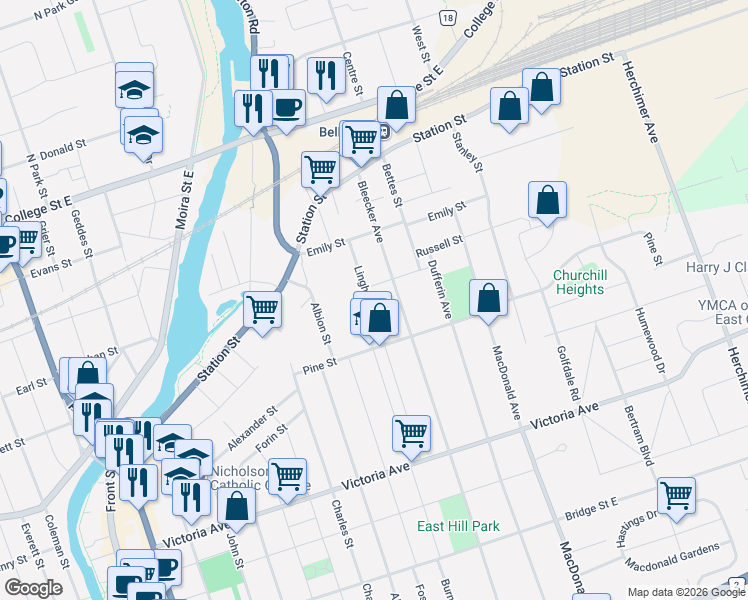 map of restaurants, bars, coffee shops, grocery stores, and more near 165 Lingham Street in Belleville