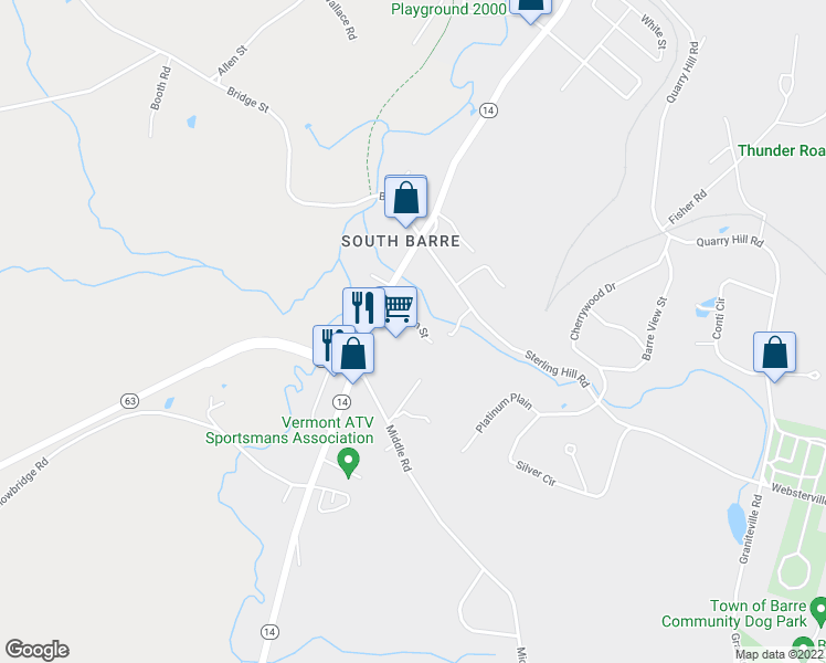 map of restaurants, bars, coffee shops, grocery stores, and more near 14 Wilson Street in Barre