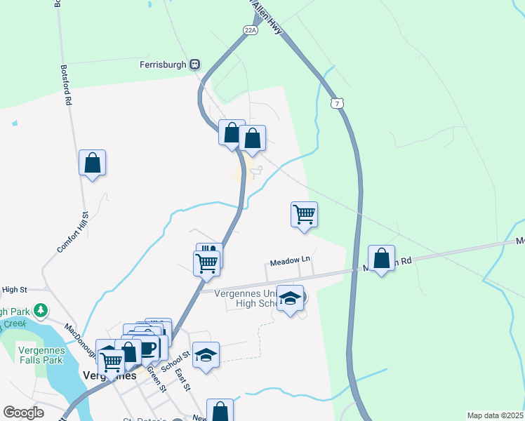 map of restaurants, bars, coffee shops, grocery stores, and more near 19 North Main Street in Vergennes