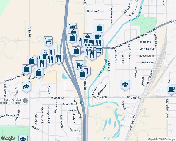 map of restaurants, bars, coffee shops, grocery stores, and more near in Neenah