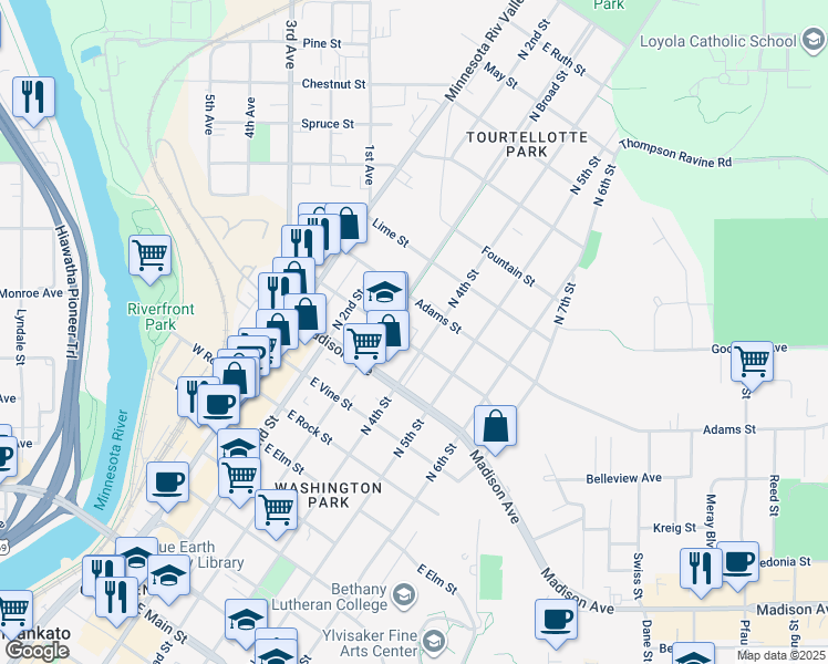 map of restaurants, bars, coffee shops, grocery stores, and more near 1015 North Broad Street in Mankato
