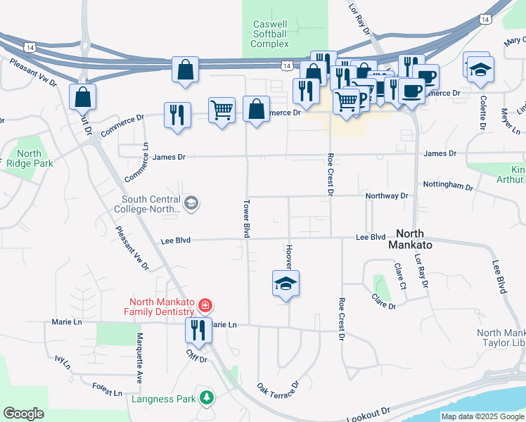 map of restaurants, bars, coffee shops, grocery stores, and more near 1885 Northway Drive in North Mankato