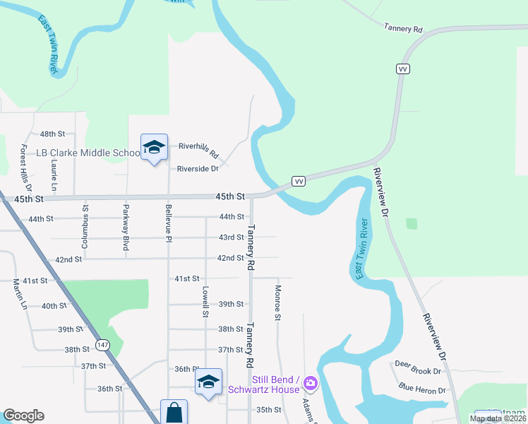 map of restaurants, bars, coffee shops, grocery stores, and more near 2211 45th Street in Two Rivers