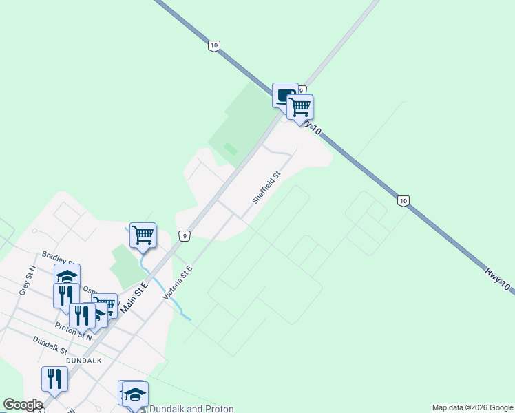 map of restaurants, bars, coffee shops, grocery stores, and more near 105 Sheffield Street in Grey County