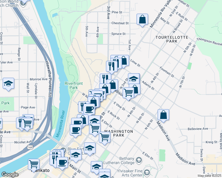 map of restaurants, bars, coffee shops, grocery stores, and more near 830 North Riverfront Drive in Mankato