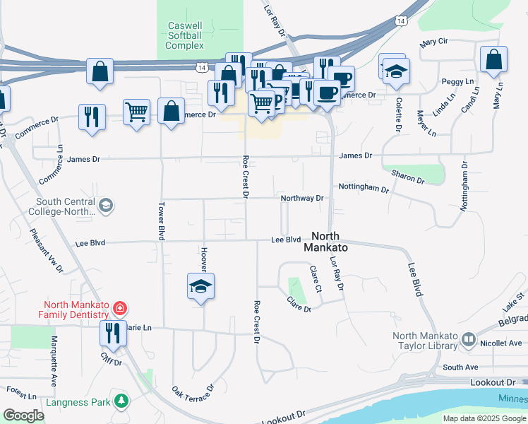 map of restaurants, bars, coffee shops, grocery stores, and more near 1765 Northway Drive in North Mankato