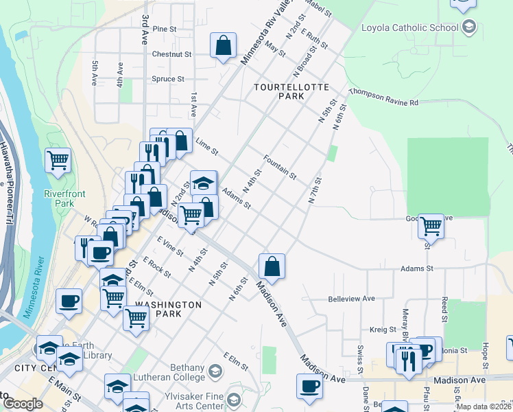 map of restaurants, bars, coffee shops, grocery stores, and more near 1110 North 5th Street in Mankato