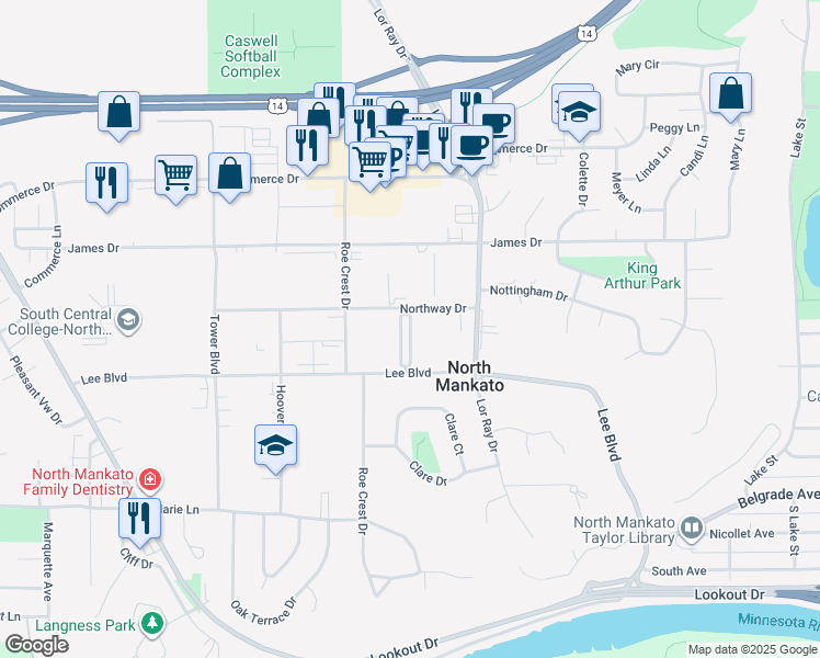 map of restaurants, bars, coffee shops, grocery stores, and more near 1633 Colony Court in North Mankato