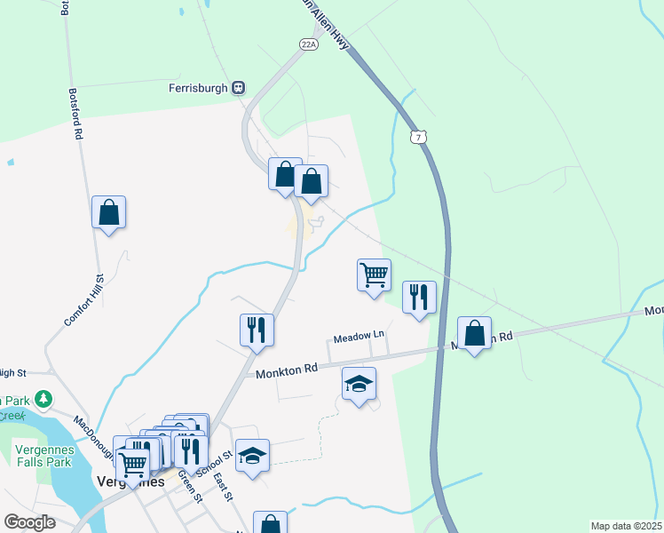 map of restaurants, bars, coffee shops, grocery stores, and more near 45 Armory Lane in Vergennes