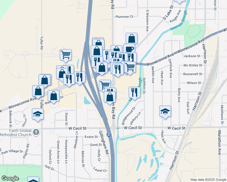 map of restaurants, bars, coffee shops, grocery stores, and more near 903 South Green Bay Road in Neenah
