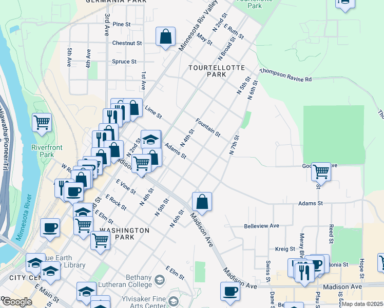 map of restaurants, bars, coffee shops, grocery stores, and more near 1110 North 5th Street in Mankato