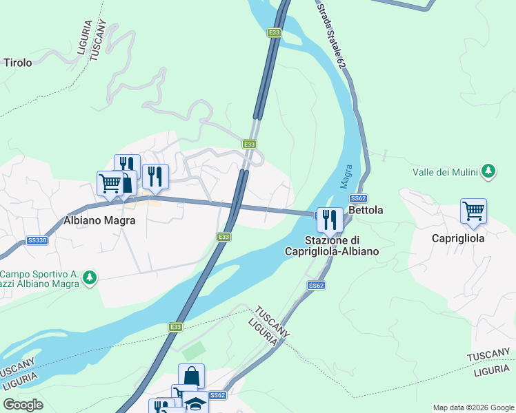 map of restaurants, bars, coffee shops, grocery stores, and more near 3 Via Serra in Albiano Magra