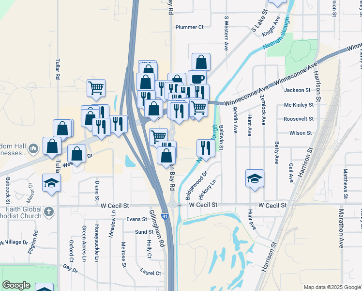 map of restaurants, bars, coffee shops, grocery stores, and more near 945 Fox Point Square in Neenah