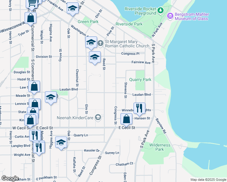 map of restaurants, bars, coffee shops, grocery stores, and more near 671 Congress Street in Neenah