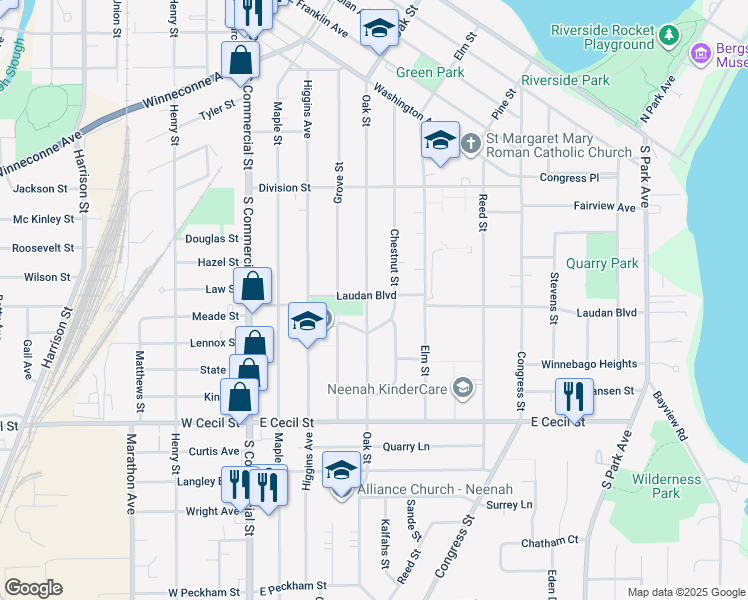 map of restaurants, bars, coffee shops, grocery stores, and more near 305 Laudan Boulevard in Neenah