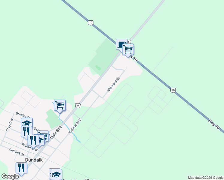 map of restaurants, bars, coffee shops, grocery stores, and more near 75 Sheffield Street in Grey County