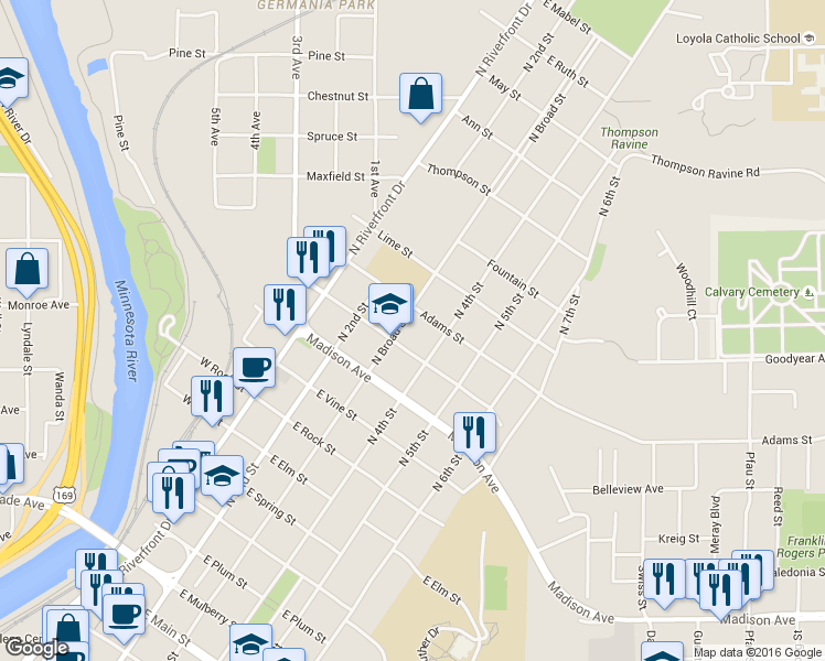 map of restaurants, bars, coffee shops, grocery stores, and more near 1015 North Broad Street in Mankato