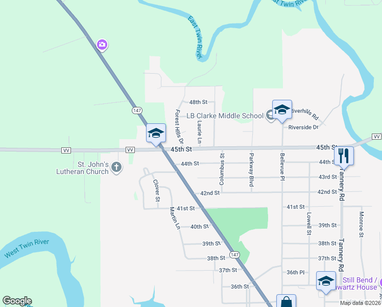 map of restaurants, bars, coffee shops, grocery stores, and more near 3119 45th Street in Two Rivers
