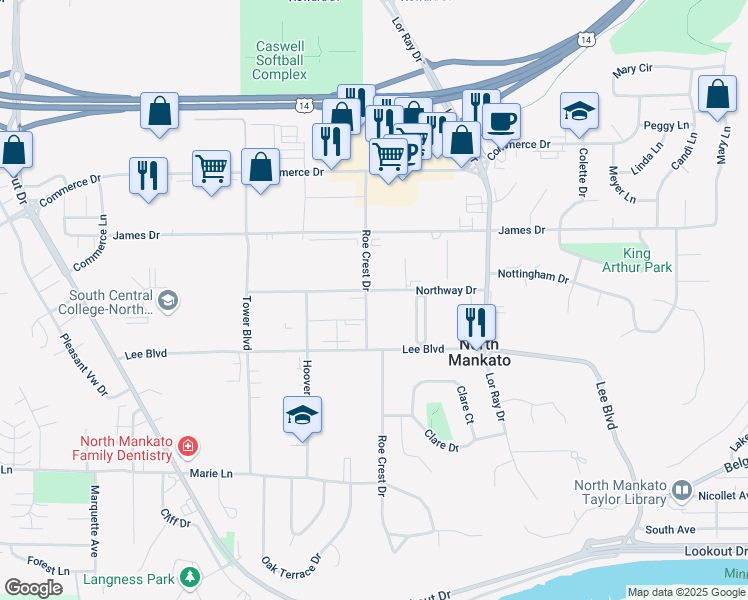 map of restaurants, bars, coffee shops, grocery stores, and more near 1620 Roe Crest Drive in North Mankato