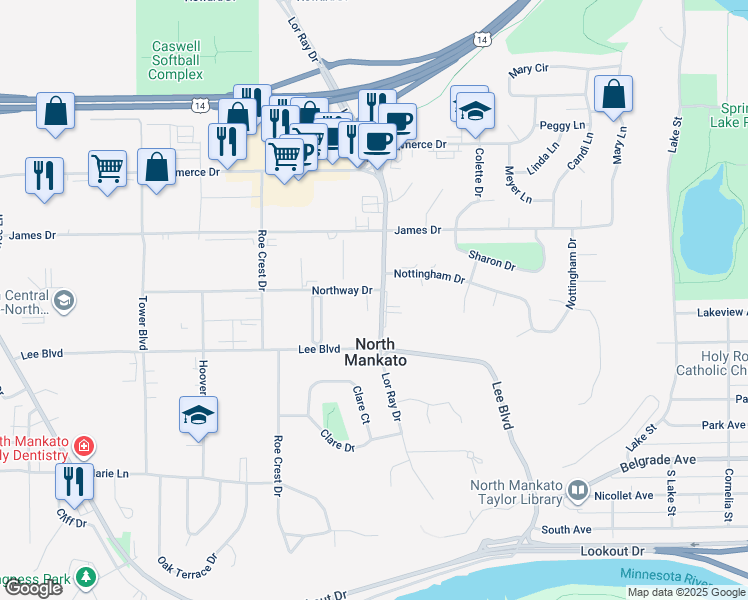 map of restaurants, bars, coffee shops, grocery stores, and more near 1711 Northway Drive in North Mankato