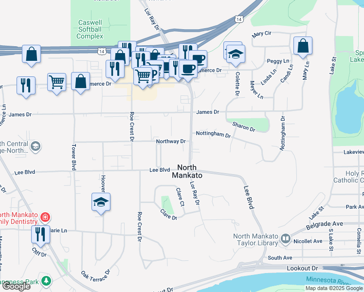 map of restaurants, bars, coffee shops, grocery stores, and more near 1725 Northway Drive in North Mankato