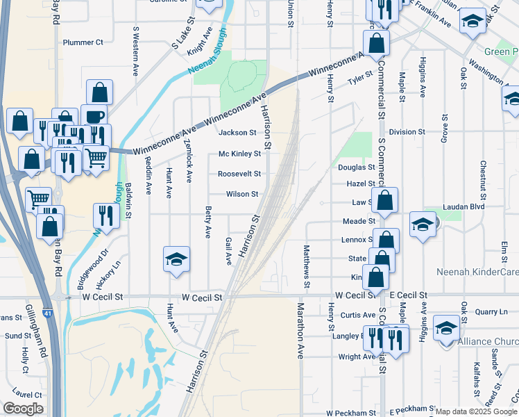 map of restaurants, bars, coffee shops, grocery stores, and more near 1313 Harrison Street in Neenah