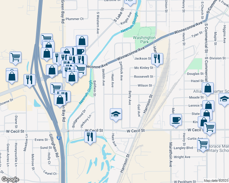 map of restaurants, bars, coffee shops, grocery stores, and more near 755 Cleveland Street in Neenah