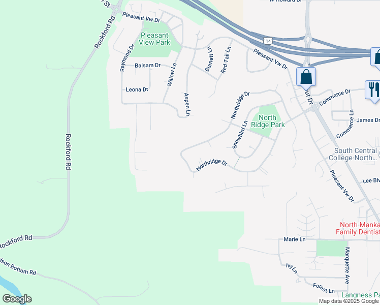 map of restaurants, bars, coffee shops, grocery stores, and more near 2292 Northridge Drive in North Mankato