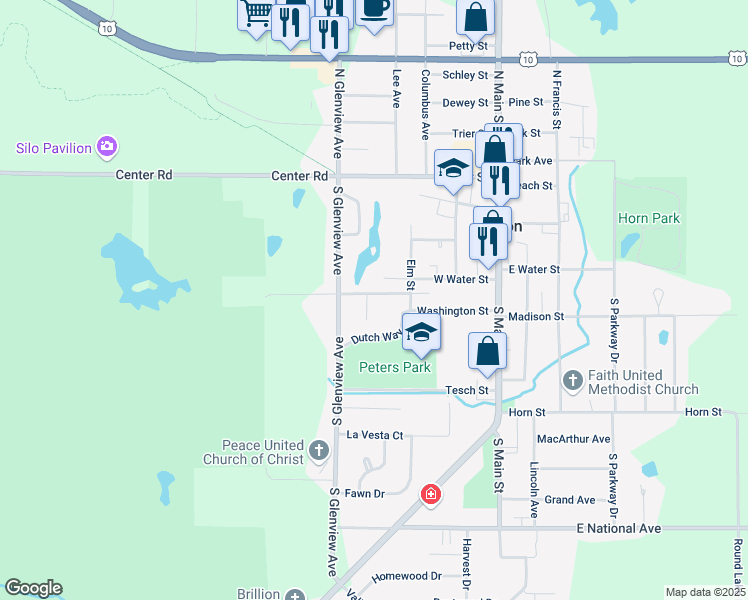 map of restaurants, bars, coffee shops, grocery stores, and more near 329 Wolfschmidt Street in Brillion